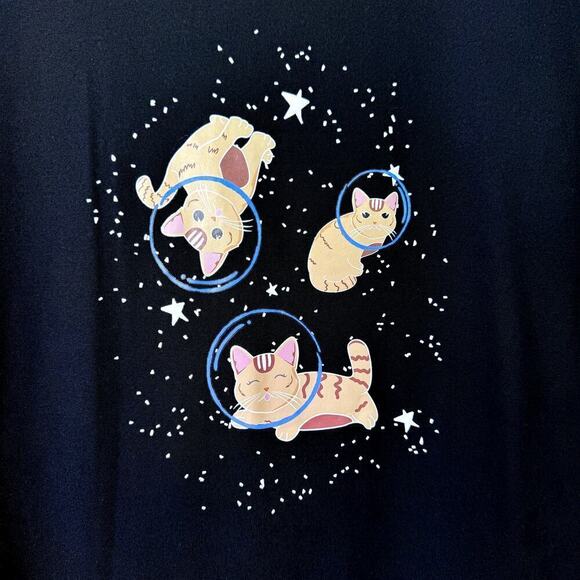 Perout Curve Kittens in Space Graphic Short Sleeve Black T-Shirt Plus Size 3XL - Picture 2 of 10